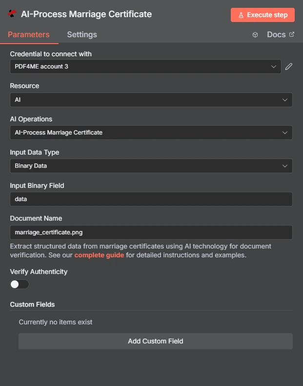 Nodo n8n per il processo AI del certificato di matrimonio configurato con credenziali account PDF4ME 3, risorsa AI, operazioni AI per il processo AI del certificato di matrimonio, tipo di dati di input dati binari, campo binario di input dati, nome del documento marriage_certificate.png, interruttore Verifica autenticità disattivato e una sezione Campi personalizzati con un pulsante Aggiungi campo personalizzato